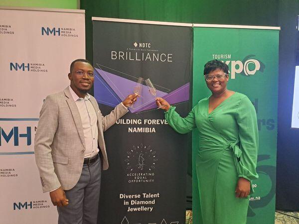 Simeon Shaanika, the Winner of the Polished Namibian Diamond Worth N$100 000 pictured with the Program Director Helena Mootseng at the launch of the Tourism Expo 2024