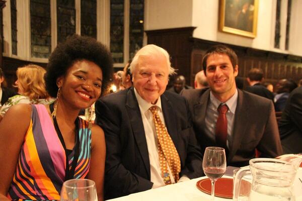 Hilma Angula with Sir David Attenborough and Bruno Monteferri at the Cambridge Conservation Leadership Alumni Networking dinner