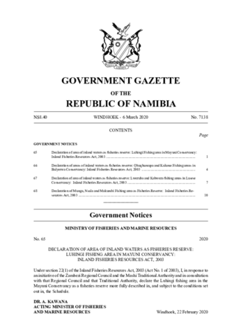 Kalume Fisheries Reserve Gazette 2020